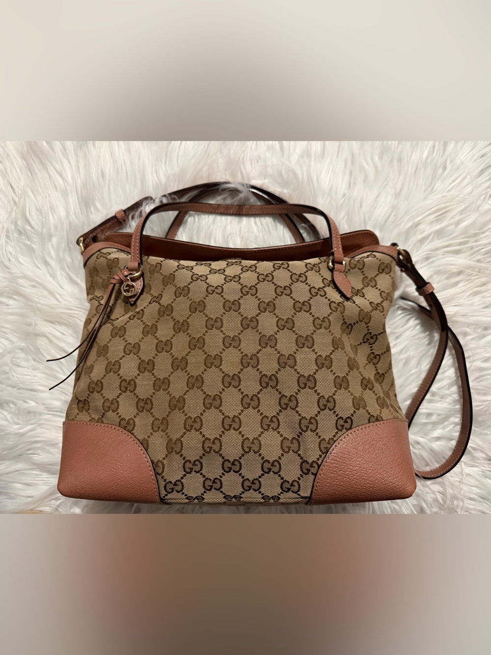 Gucci Beige and Brown GG Canvas Tote with Pinkish-Tan Leather Trim
